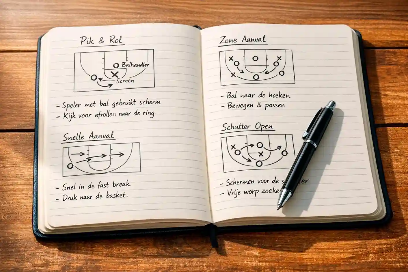 Notitieblok met basketbalstrategie en pen op bureau