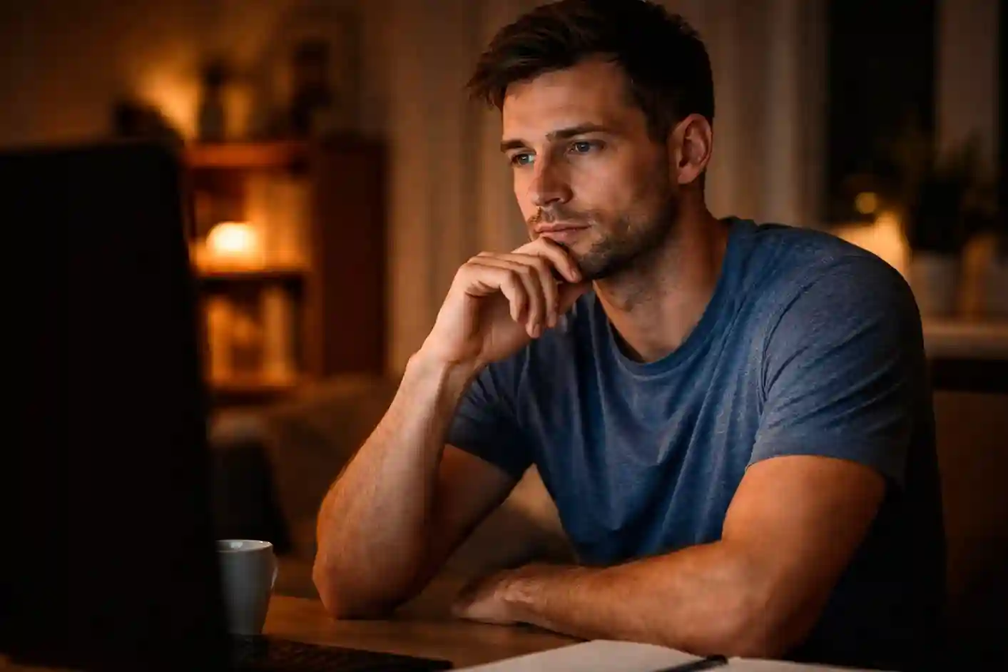 Persoon denkt na met hand op kin terwijl hij naar scherm kijkt