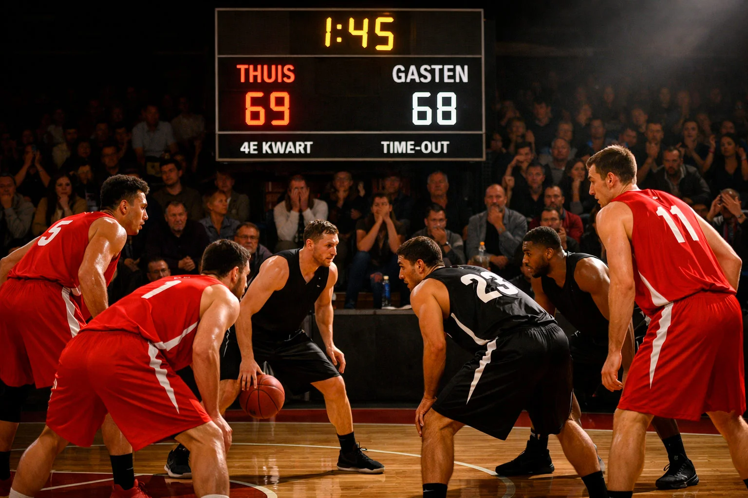 NBA wedstrijd in laatste kwart met gespannen fans in de arena