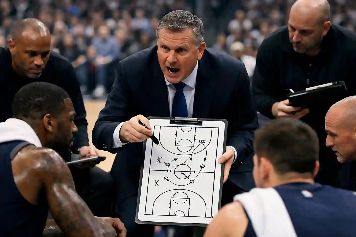 NBA coach tekent tactiek uit tijdens time-out met spelers eromheen