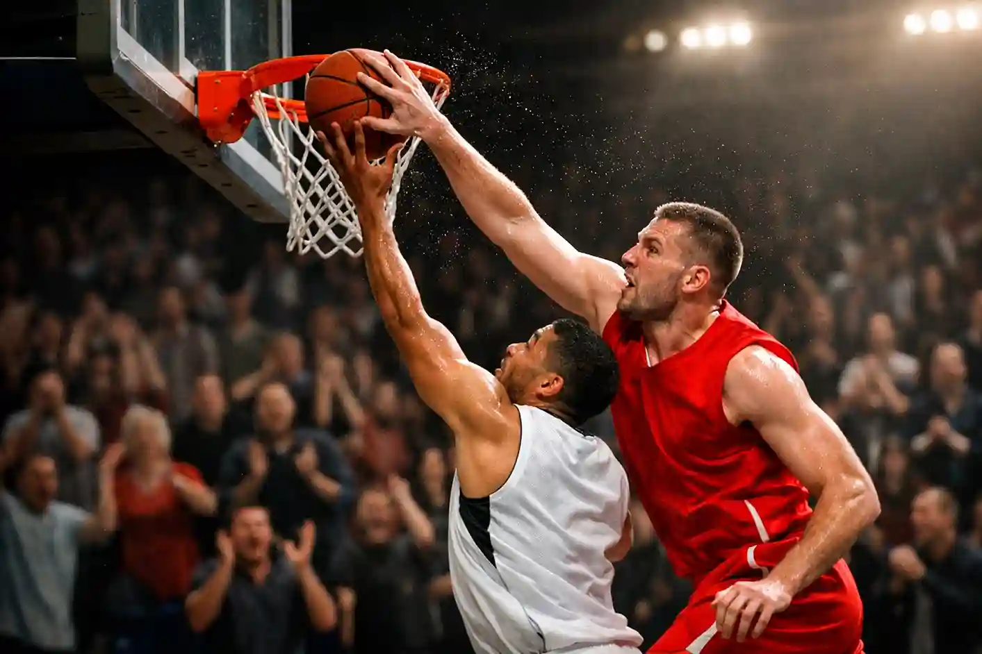 NBA verdediger blokkeert een schot bij de basket