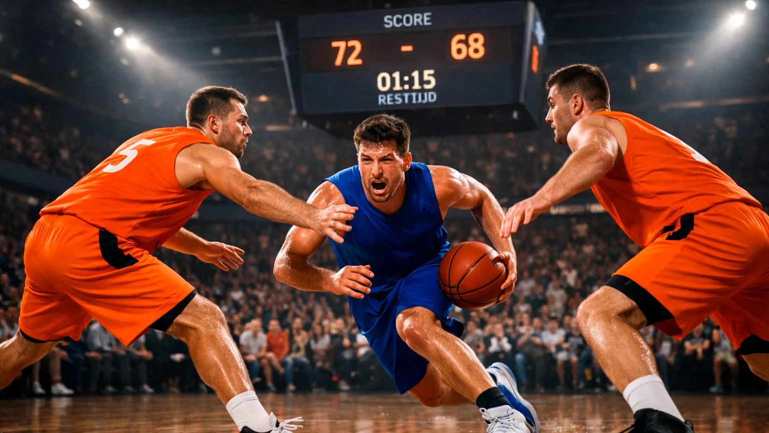 Basketbalwedstrijd in volle gang met scorebord en opgewonden fans