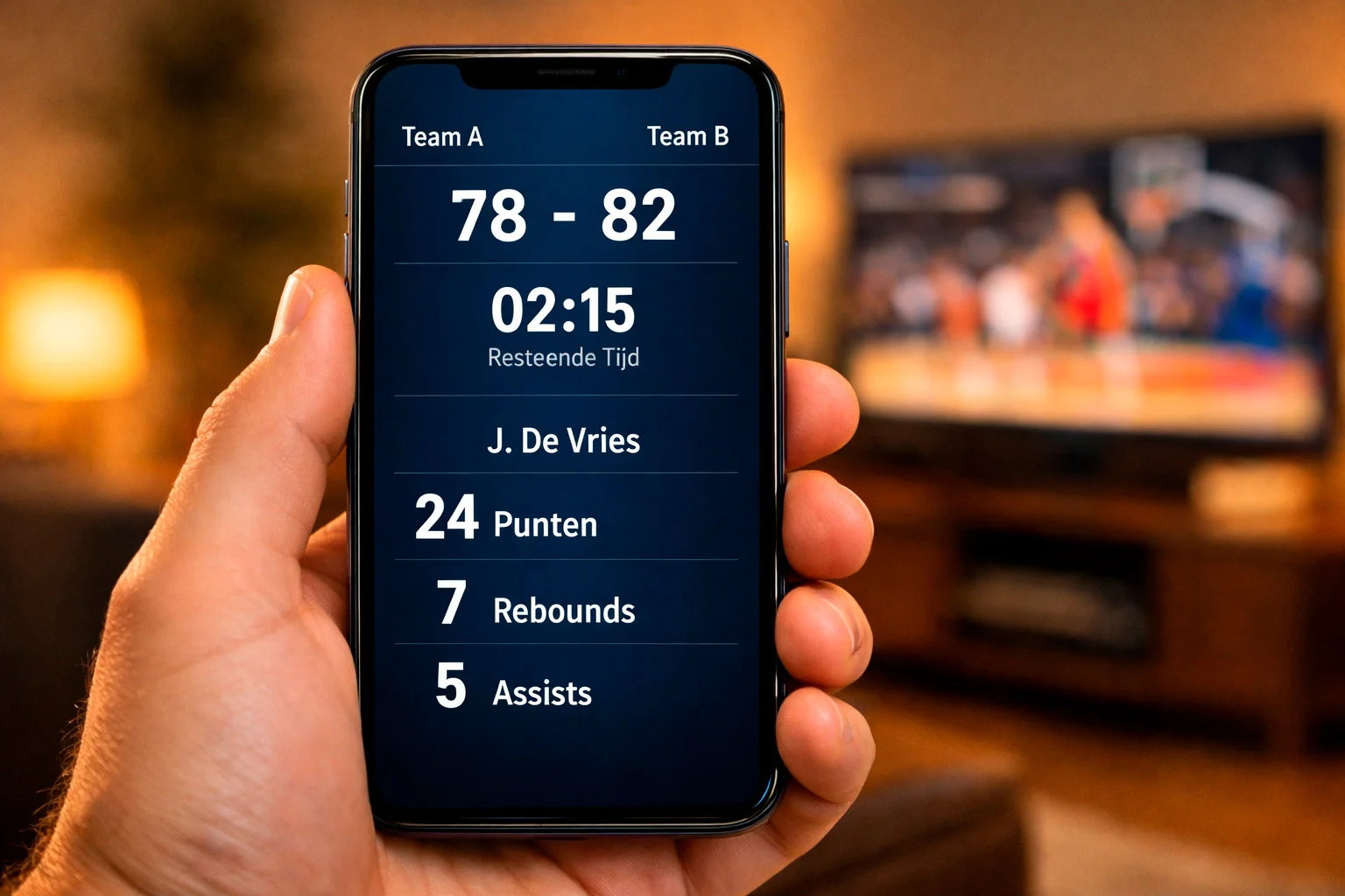 Smartphone met live NBA wedstrijdstatistieken op het scherm