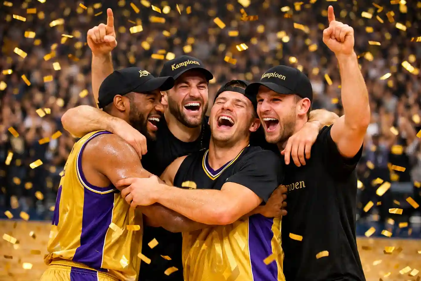 Basketbalteam viert overwinning na het behalen van kampioenschap