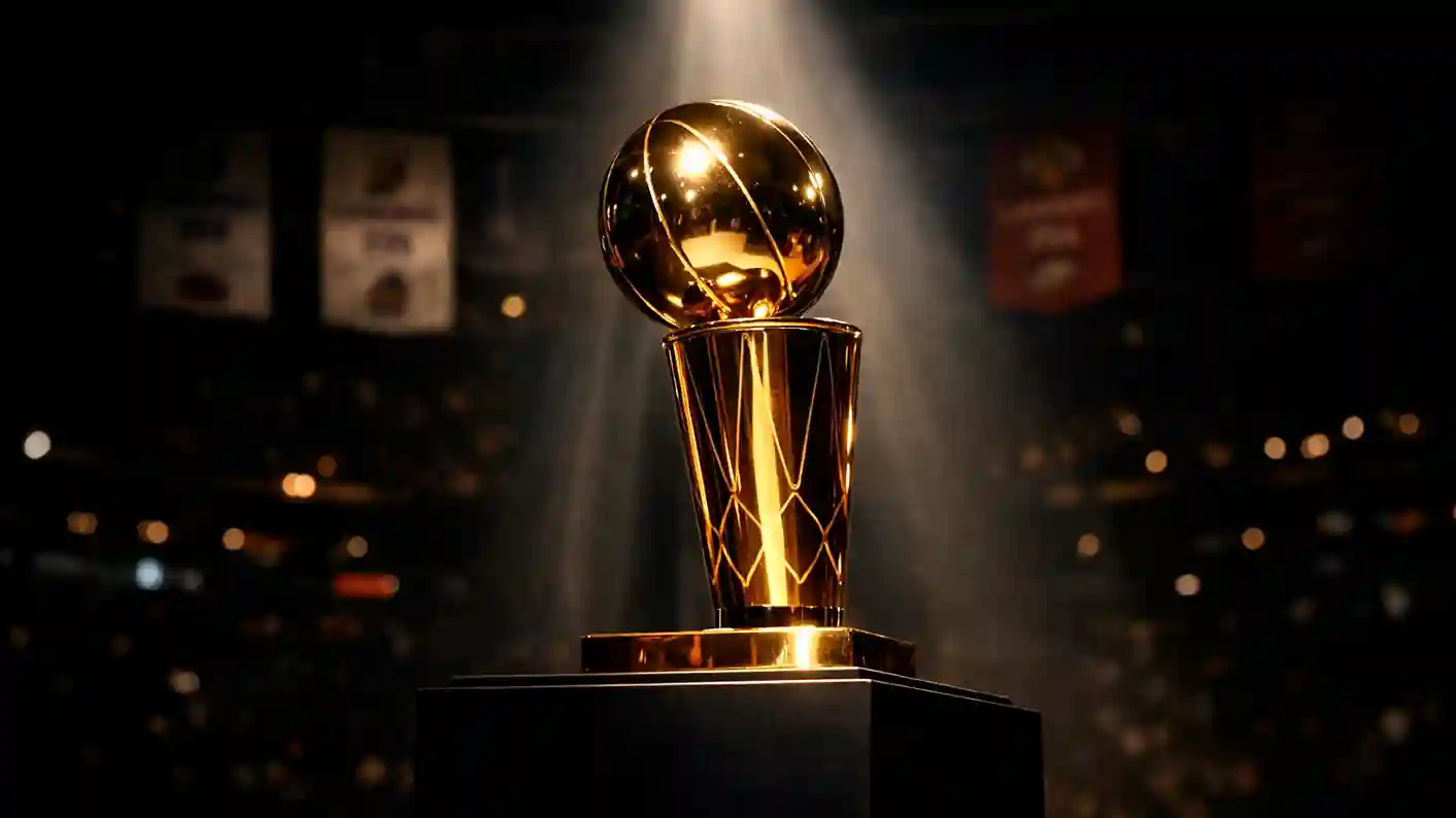 NBA kampioenstrofee op podium met spotlight en kampioensbanners