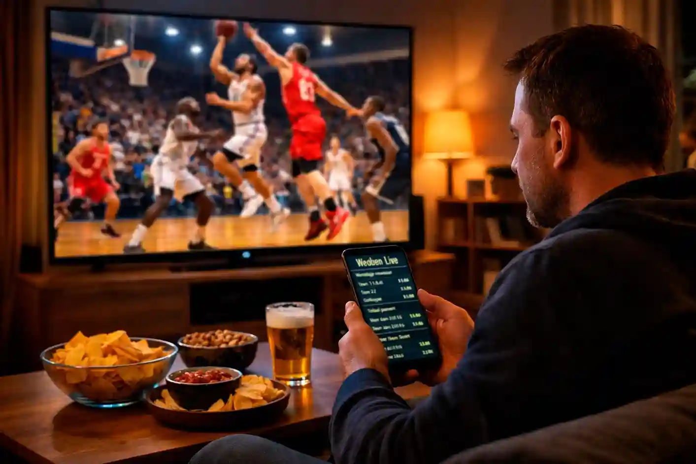 Fan kijkt naar een live NBA-wedstrijd op televisie met smartphone in de hand