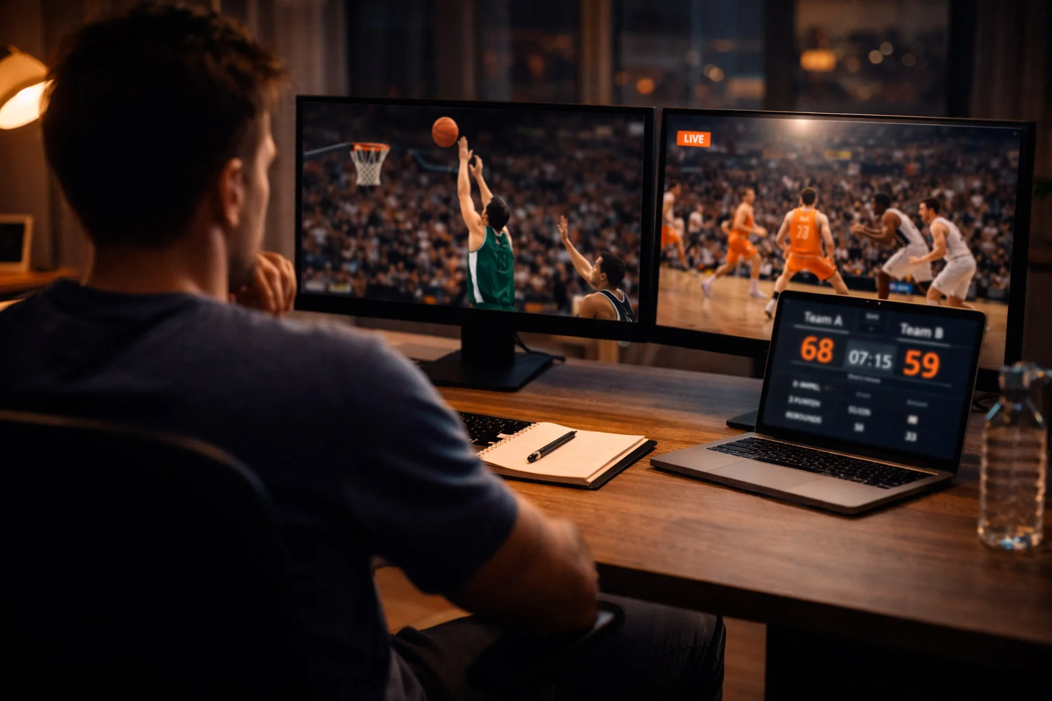 Persoon kijkt naar meerdere schermen met basketbalwedstrijden