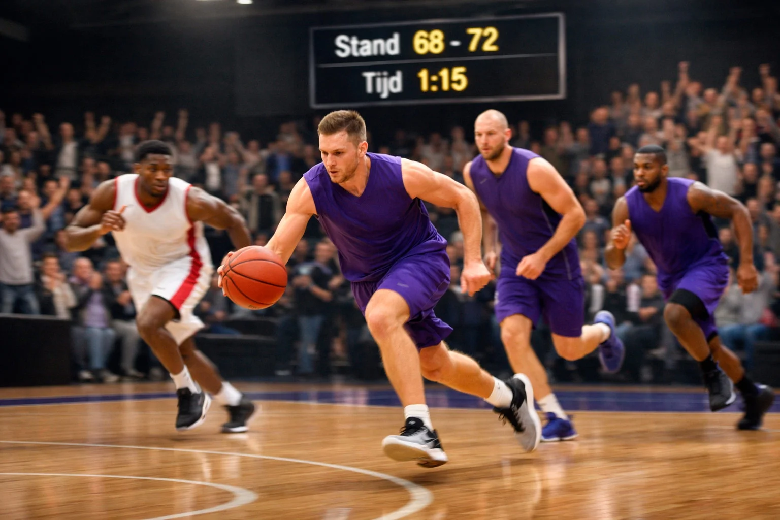 Basketbalspelers in actie met scorebord op achtergrond