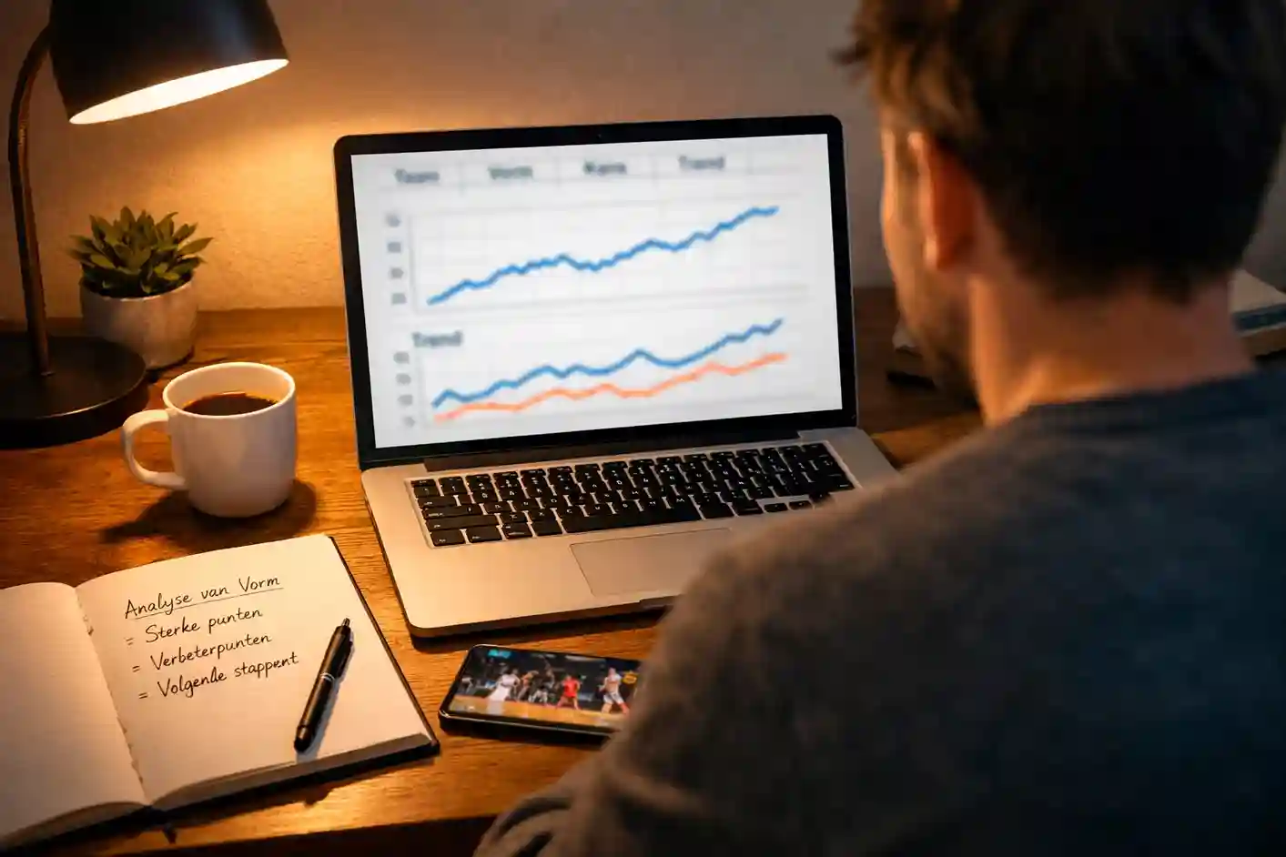 Persoon analyseert NBA-statistieken en quoteringen op een laptop