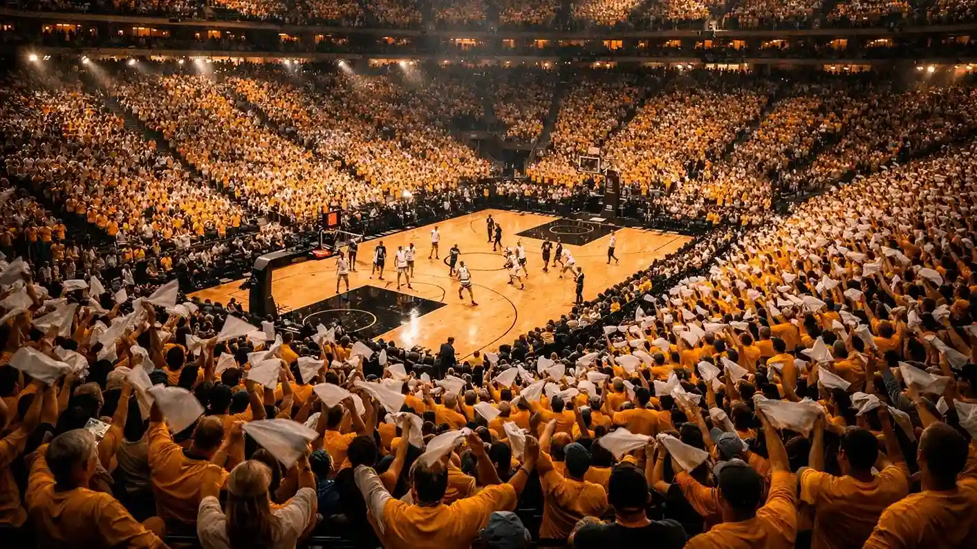 Uitverkochte NBA arena tijdens play-off wedstrijd met fans in teamkleuren