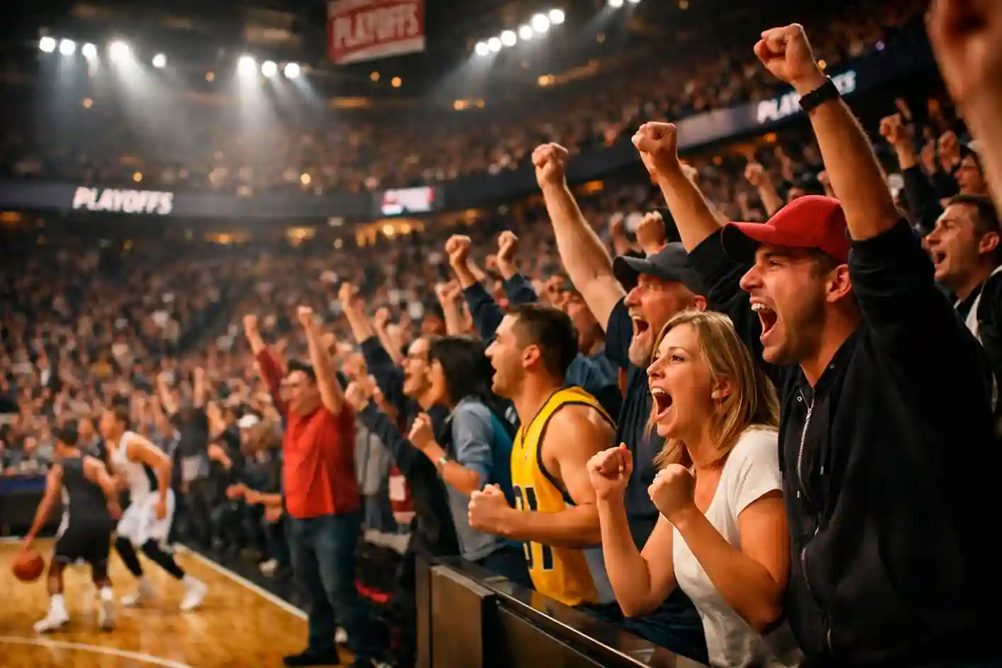NBA play-off wedstrijd met juichende fans in de arena