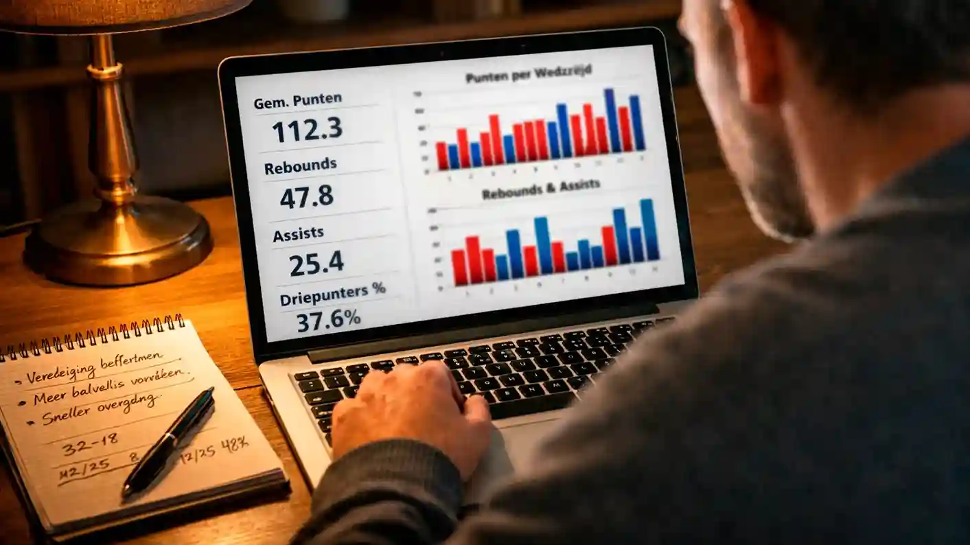 Analist bestudeert NBA statistieken op laptopscherm