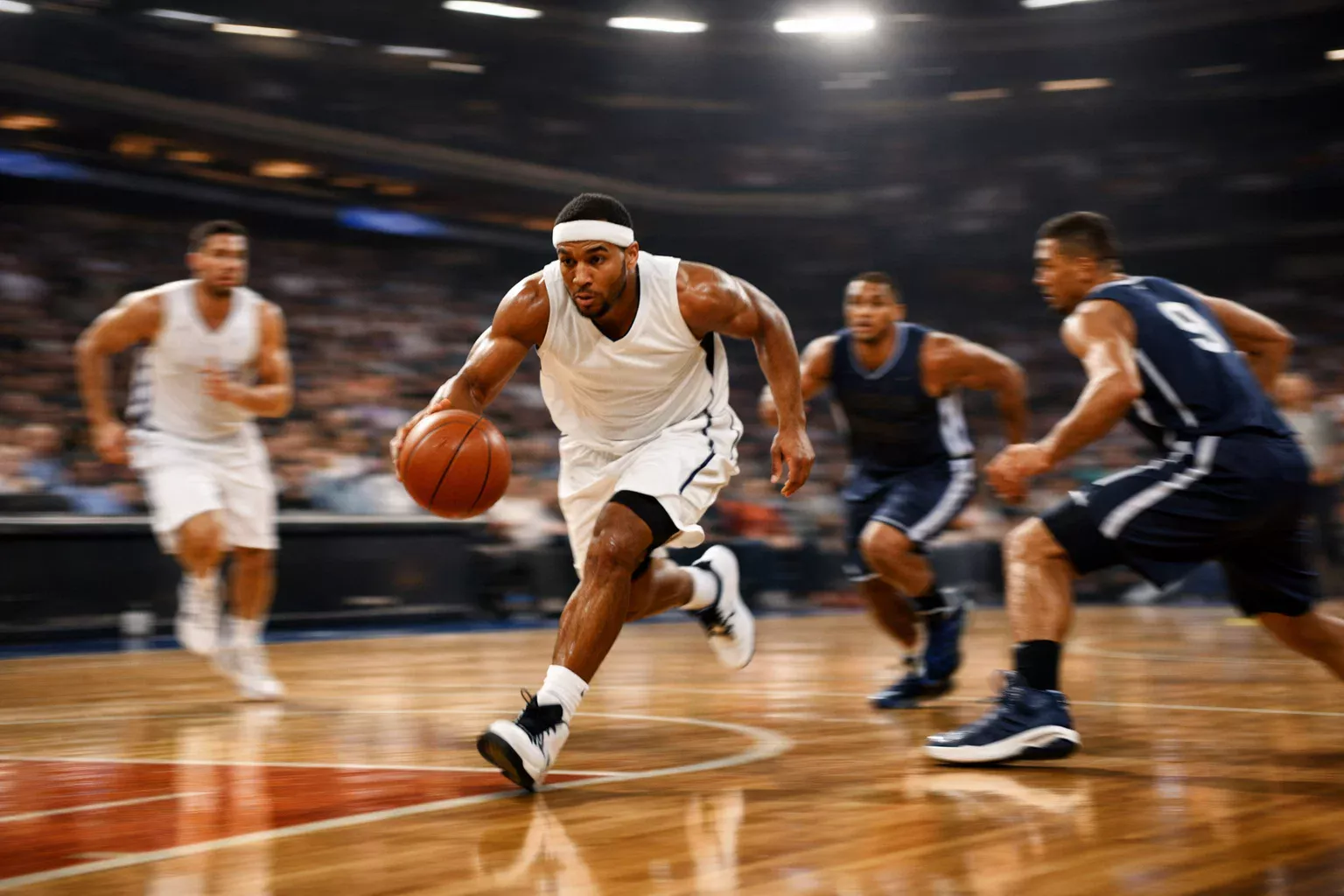 Basketbalspelers warmen op voor een NBA-wedstrijd op het veld