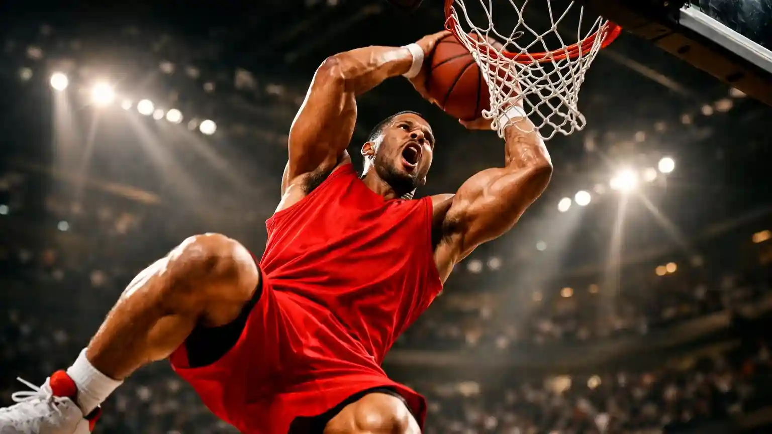 Basketbalspeler maakt een dunk tijdens NBA-wedstrijd in uitverkochte arena
