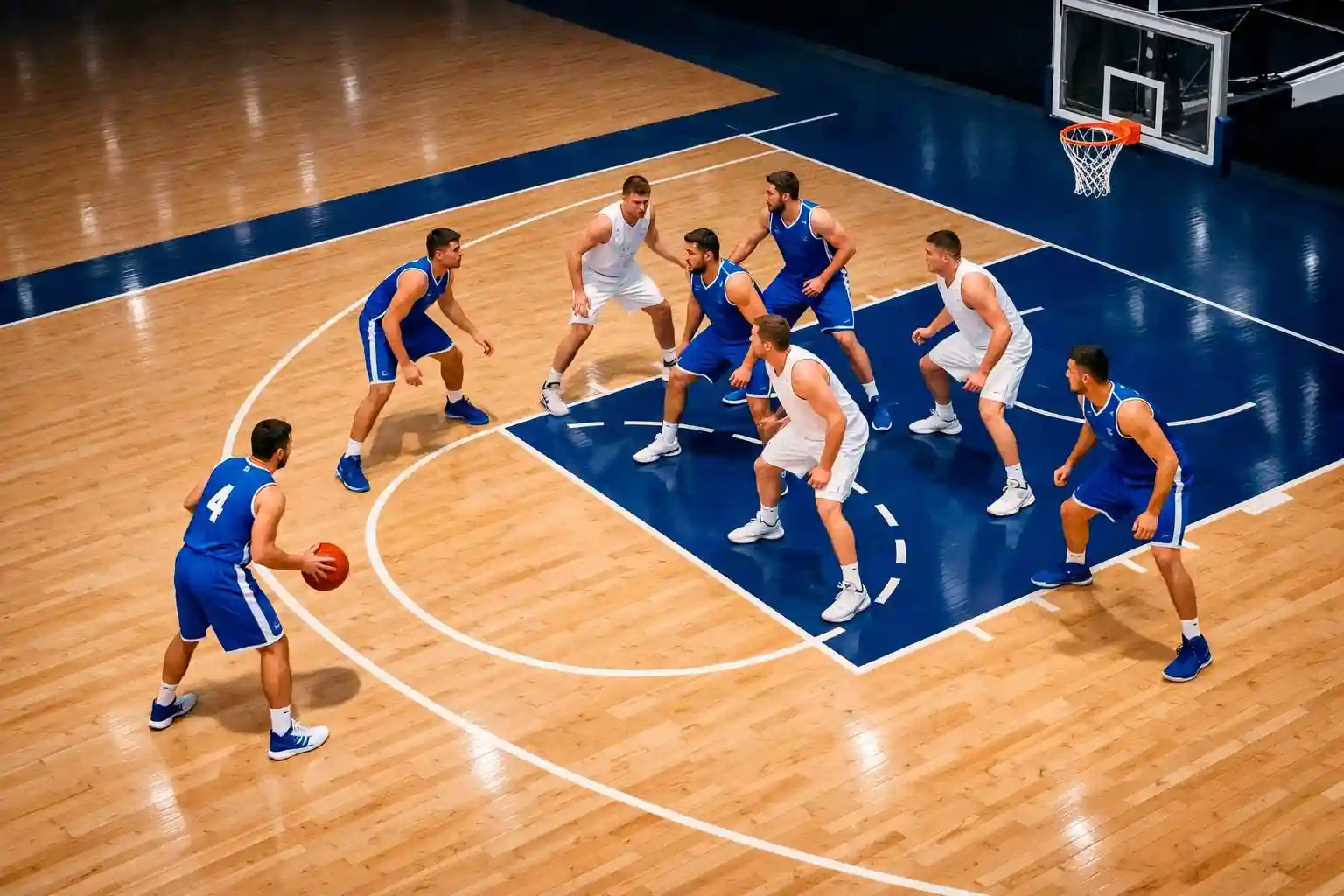 NBA basketbalveld met spelers in positie voor een aanval