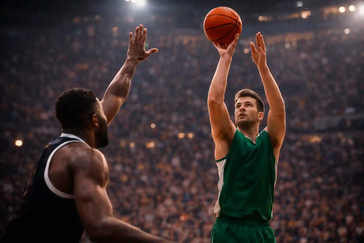 Basketbalspeler schiet driepunter tijdens intensieve wedstrijd