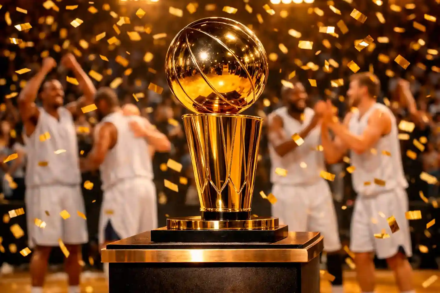 NBA kampioenschapstrofee met confetti en vierende spelers