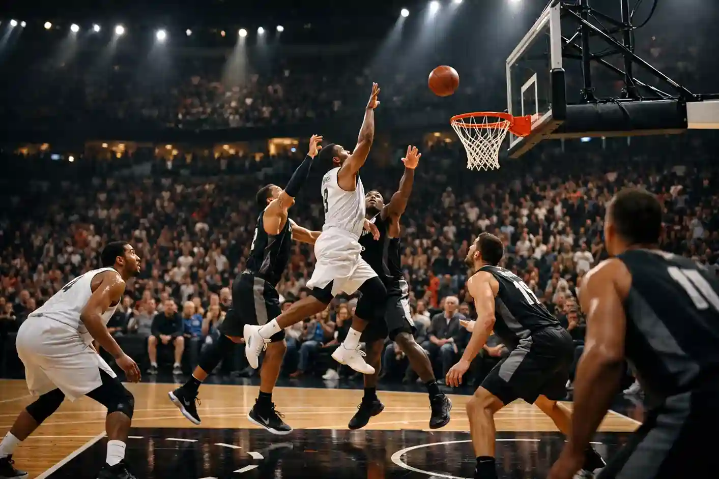 NBA-basketbalwedstrijd in een volle arena met fans die het spel volgen