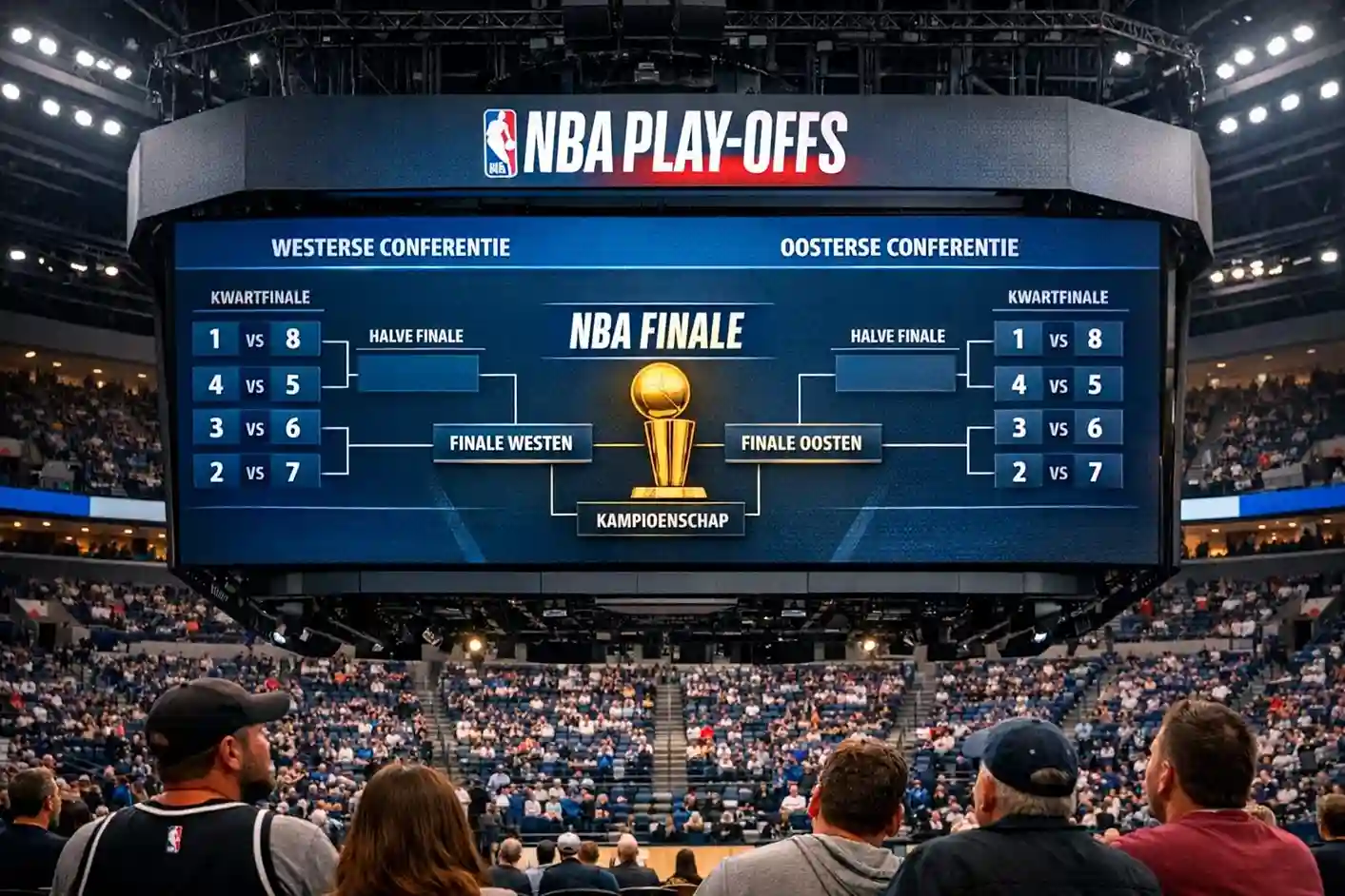 NBA play-off bracket op groot scherm in arena