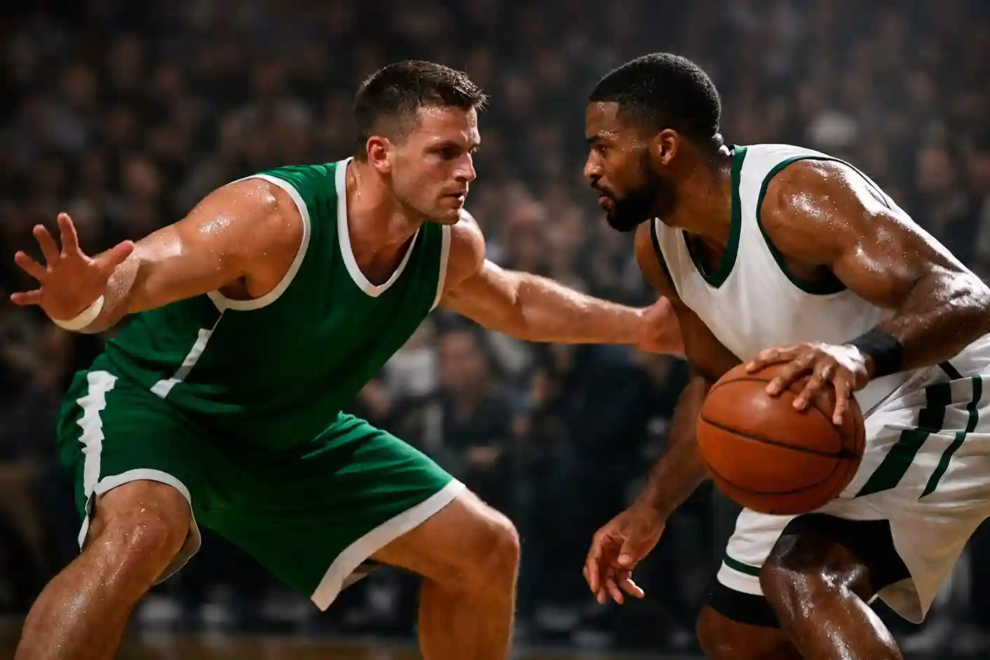 Basketbalspelers in intense verdediging tijdens play-off wedstrijd