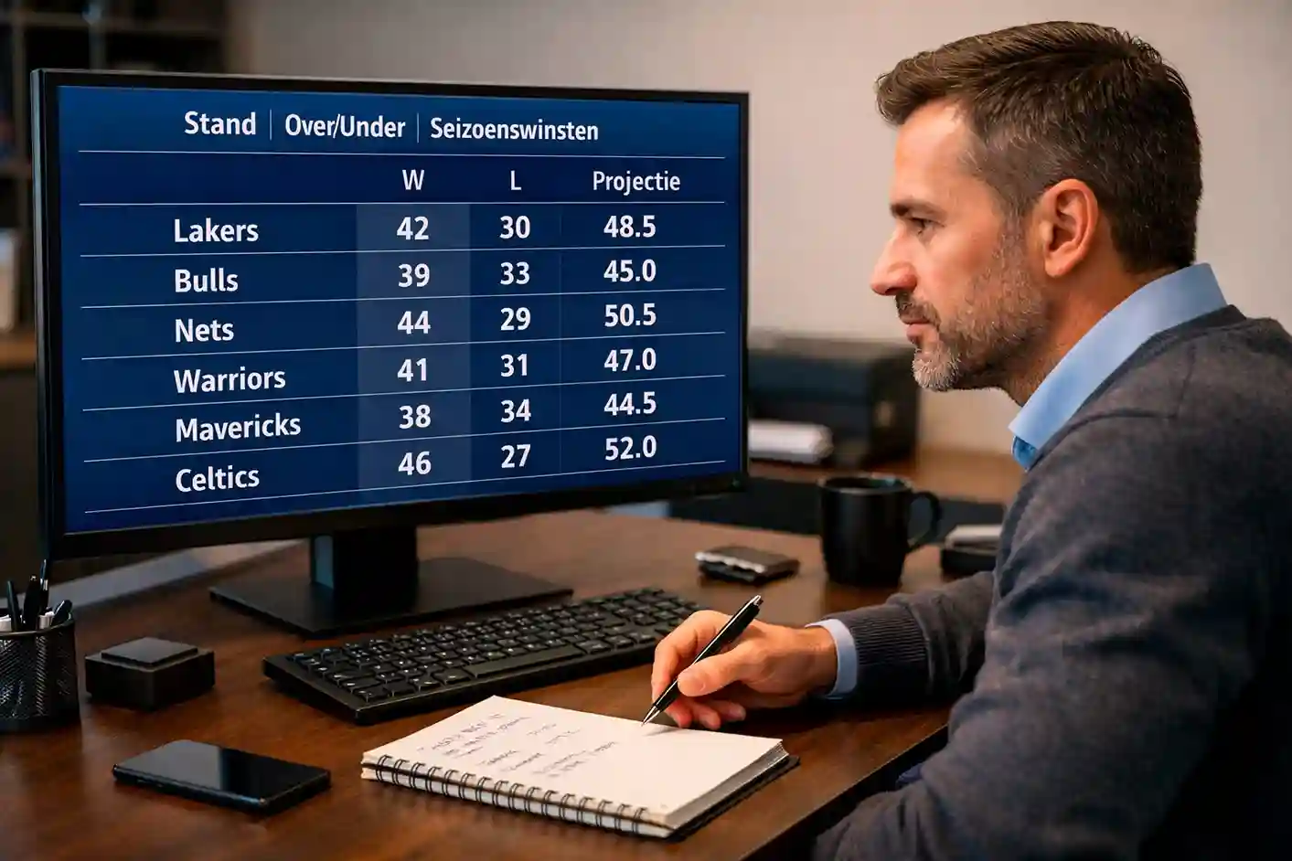 Analist bekijkt NBA teamstatistieken en seizoensprojecties