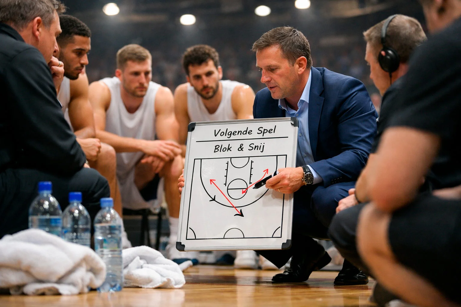NBA spelers tijdens een time-out met coach die instructies geeft