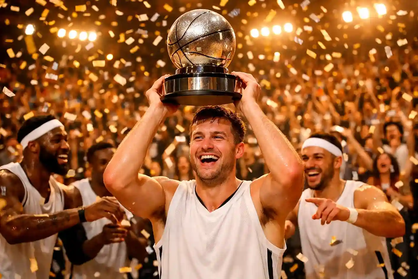 NBA Finals arena met kampioenschapsbanners en confetti