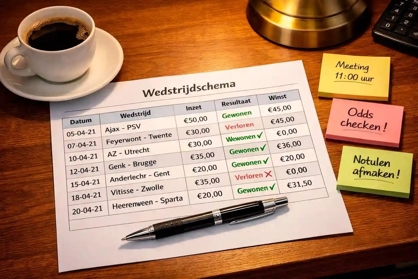 Spreadsheet met wedresultaten en notities op bureau